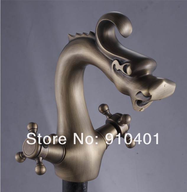 Luxury Euro Style Classic Antique Brass Dragon Animal Basin Faucet Mixer Tap Double Cross Head Handles 