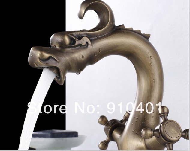 Luxury Euro Style Classic Antique Brass Dragon Animal Basin Faucet Mixer Tap Double Cross Head Handles 
