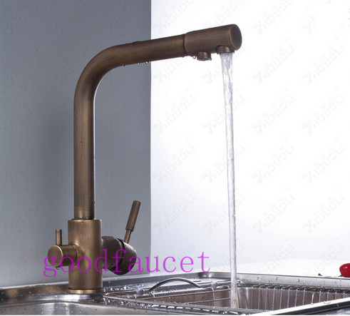 NEW deck mounted 3-way single hole 2 handles kitchen faucet sink pure water filter mixer tap antique bronze