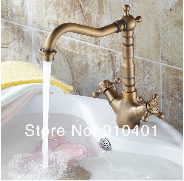 Wholesale And Retail Promotion Antique Brass Deck Mounted Bathroom Basin Faucet Dual Cross Handles Mixer Tap