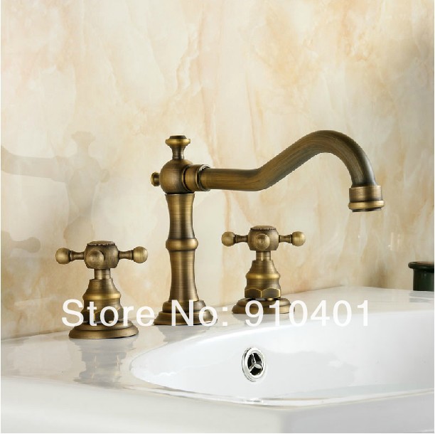 Wholesale And Retail Promotion Antique Brass Widespread Bathroom Basin Faucet Dual Cross Handles Sink Mixer Tap