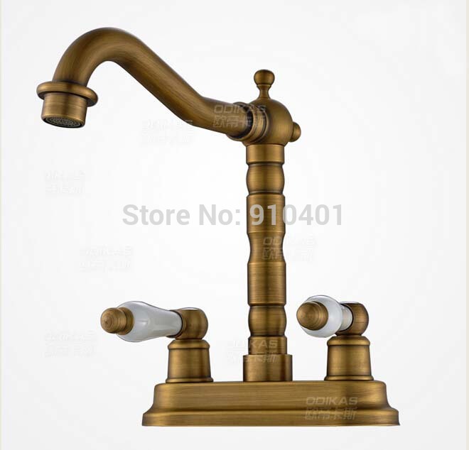 Wholesale And Retail Promotion Deck Mounted Antique Brass Bathroom Basin Faucet Dual Ceramic Handles Sink Mixer