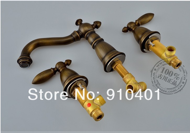Wholesale And Retail Promotion Deck Mounted Widespread Antique Brass Bathroom Basin Faucet Dual Handles Mixer