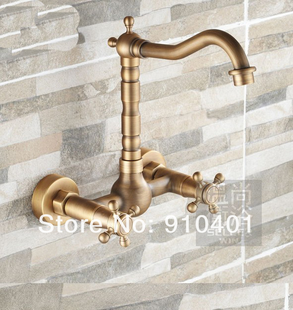 Wholesale And Retail Promotion  NEW Antique Brass Wall Mount Bathroom Faucet Dual Handle Mixer Tap Swivel Spout