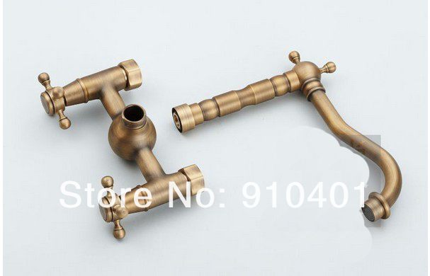 Wholesale And Retail Promotion  NEW Antique Brass Wall Mount Bathroom Faucet Dual Handle Mixer Tap Swivel Spout