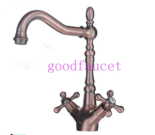 Wholesale And Retail Promotion NEW Antique Copper Bathroom Sink Faucet Kitchen Mixer Tap Swivel Spout 2 Handles
