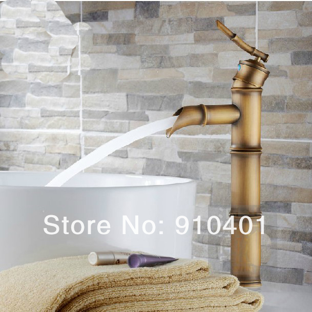Wholesale And Retail Promotion NEW Deck Mounted Antique Brass Bathroom Basin Faucet Bamboo Countertop Mixer Tap