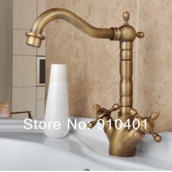 Wholesale And Retail Promotion NEW Deck Mounted Antique Brass Bathroom Basin Faucet Dual Cross Handle Mixer Tap