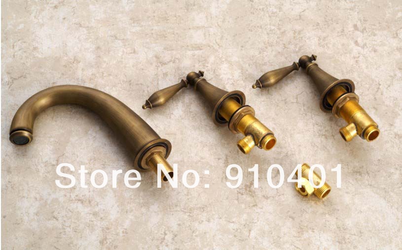Wholesale And Retail Promotion NEW Deck Mounted Antique Brass Bathroom Basin Faucet Dual Handle Sink Mixer Tap