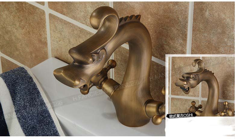 Wholesale And Retail Promotion NEW Luxury Antique Brass Dragon Faucet Dual Cross Handles Vanity Sink Mixer Tap