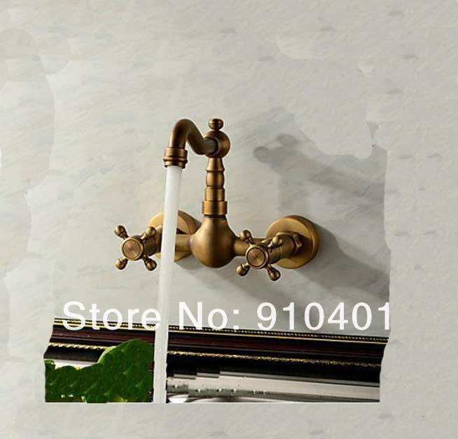 Wholesale And Retail Promotion NEW Wall Mounted Antique Brass Bathroom Kitchen Faucet Dual Handles Swivel Spout