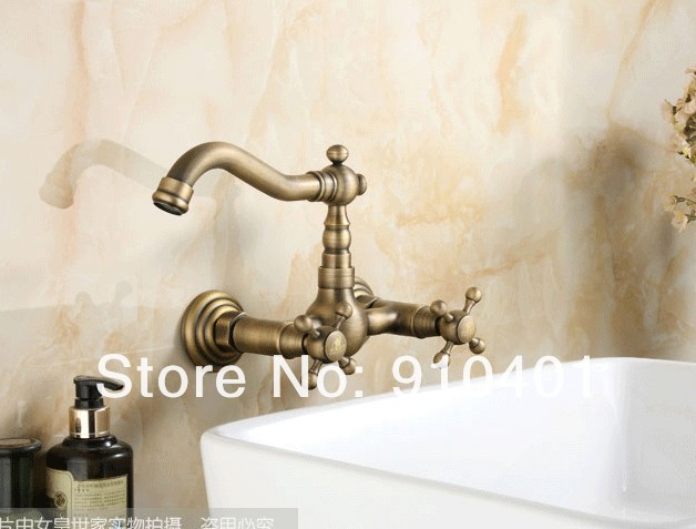 Wholesale And Retail Promotion Wall Mounted Antique Brass Bathroom Basin Faucet Dual Cross Handles Mixer Tap