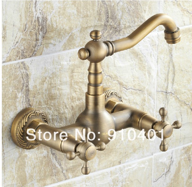 Wholesale And Retail Promotion Wall Mounted Antique Brass Dual Cross Handles Sink Mixer Tap Swivel Spout Tap