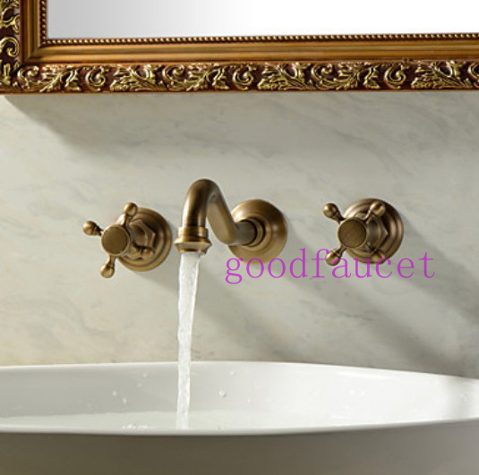 Wholesale And Retail PromotionAntique Brass Lavatory Bathroom Vanity Faucet Wall Mounted Basin Sink Mixer Tap