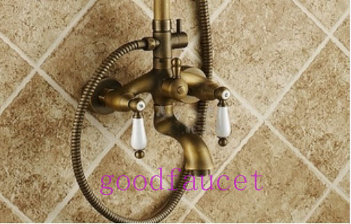 Antique Brass Rainfall Shower Set Faucet Mixer Tap With Tub Faucet Dual Ceramic Handles Telephone Spray