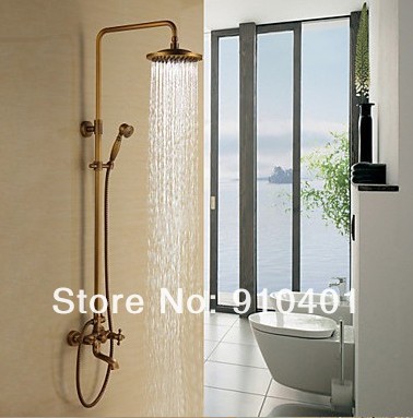 NEW Antique Brass Bathroom Tub Rain Shower Faucet Set W/ 8"  Shower Head +Handheld Shower Double Cross Handle