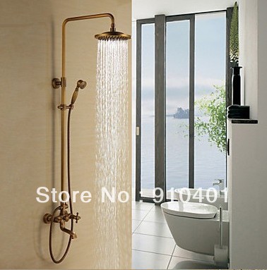 NEW Antique Brass Bathroom Tub Rain Shower Faucet Set W/ 8" Shower Head +Handheld Shower Double Cross Handle
