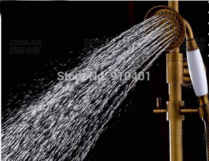Wholdsale And Retail Promotion Antique Brass Rain Shower Faucet Wall Mounted Tub Mixer Tap Dual Cremic Handles