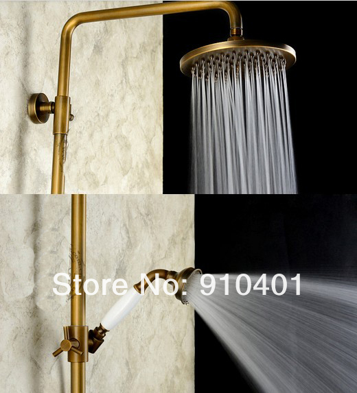 Wholesale And Retail Promotion Antique Brass Wall Mounted 8" Rain Shower Faucet With Hand Shower Dual Handles