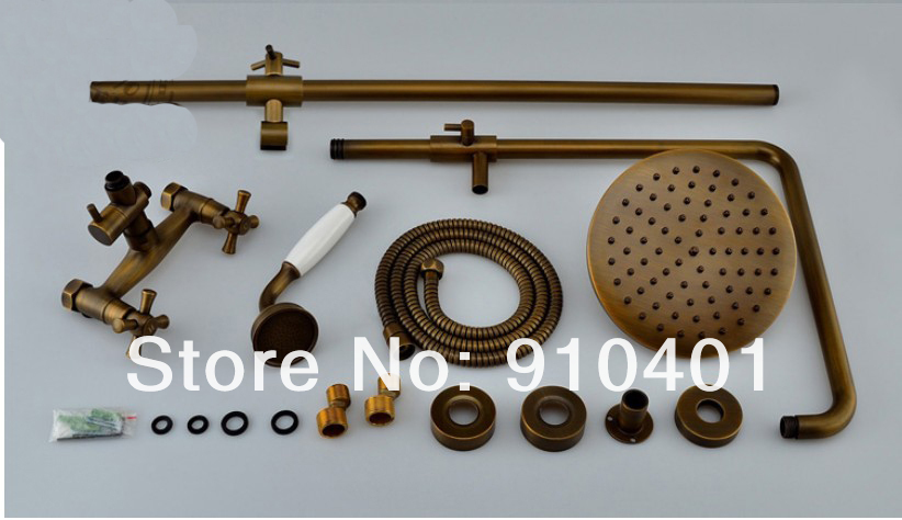 Wholesale And Retail Promotion Antique Brass Wall Mounted 8" Rain Shower Faucet With Hand Shower Dual Handles