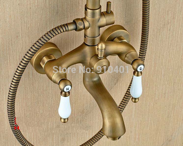 Wholesale And Retail Promotion Antique Brass Wall Mounted Rain Shower Faucet Tub Mixer Tap Dual Ceramic Handles