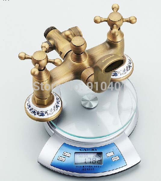 Wholesale And Retail Promotion Classic Blue And White Porcelain Antique Brass Rain Shower Faucet Tub Mixer Tap