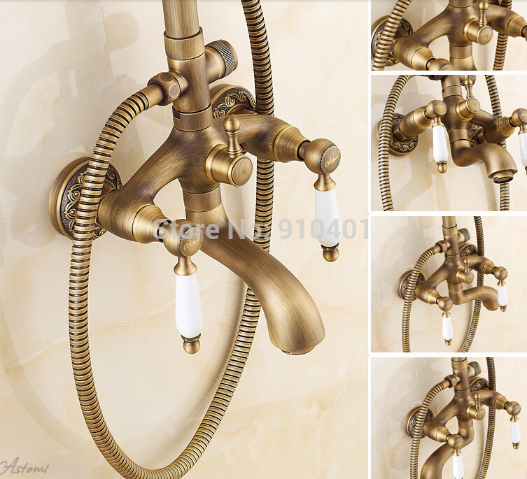 Wholesale And Retail Promotion Luxury Antique Brass Embossed Rain Shower Faucet Set Tub Mixer Tap Dual Handles