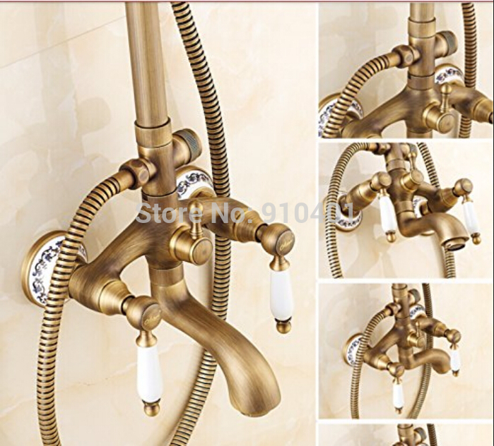 Wholesale And Retail Promotion NEW Antique Brass Rain Shower Faucet Bathtub Spout Dual Handles With Hand Shower