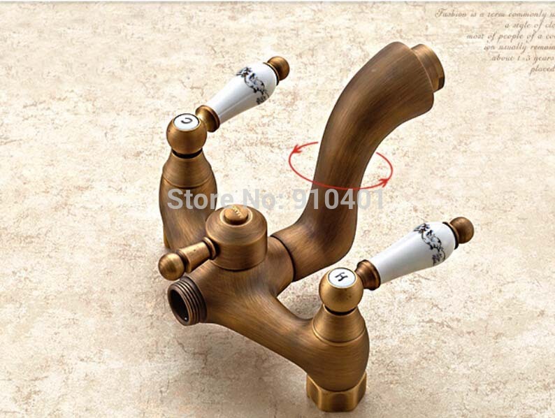 Wholesale And Retail Promotion NEW Antique Brass Rain Shower Faucet Ceramic Handles Tub Mixer Tap Hand Shower