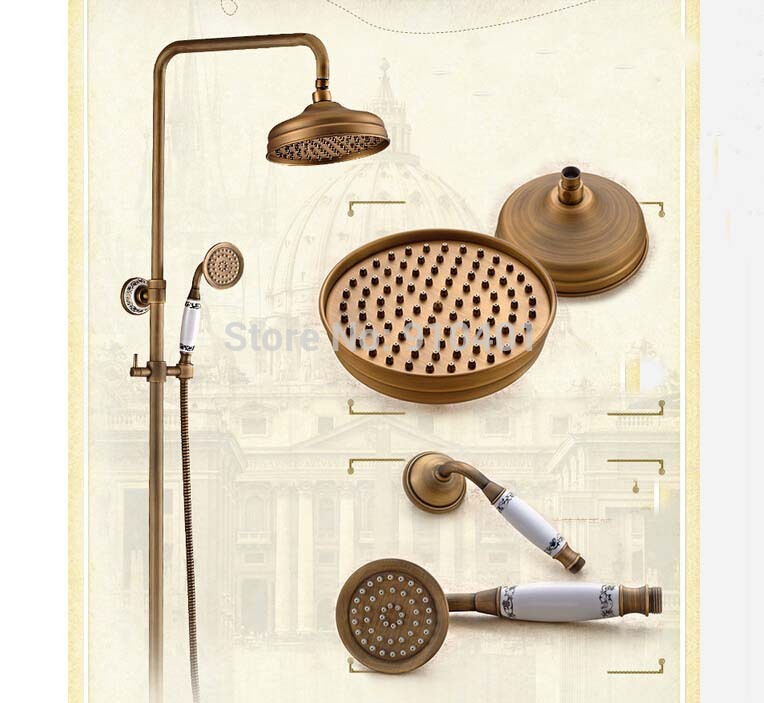 Wholesale And Retail Promotion NEW Antique Brass Rain Shower Faucet Ceramic Handles Tub Mixer Tap Hand Shower