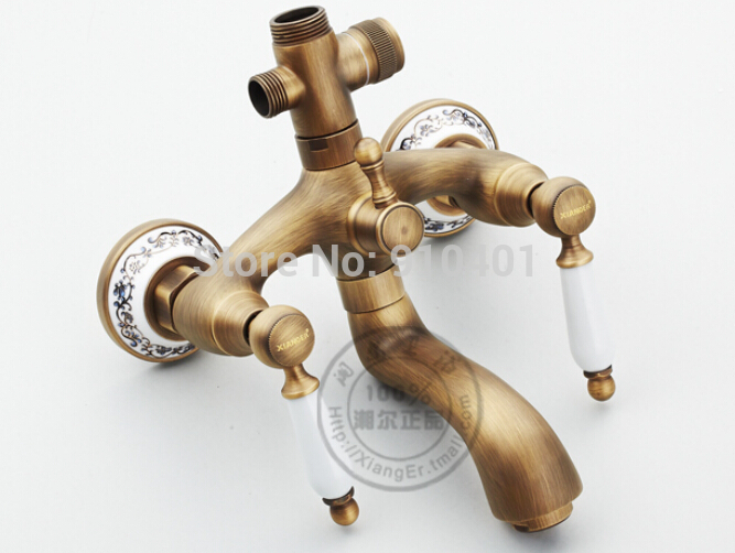 Wholesale And Retail Promotion NEW Antique Brass Wall Mounted Ceramic Shower Faucet Set Bathroom Tub Mixer Tap