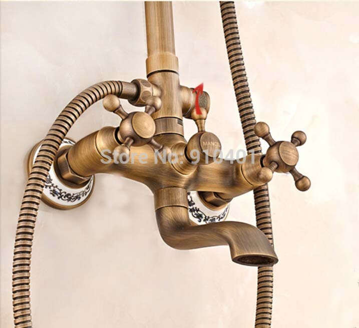 Wholesale And Retail Promotion NEW Luxury Antique Brass Wall Mounted Shower Faucet Set Tub Mixer Tap Hand Unit