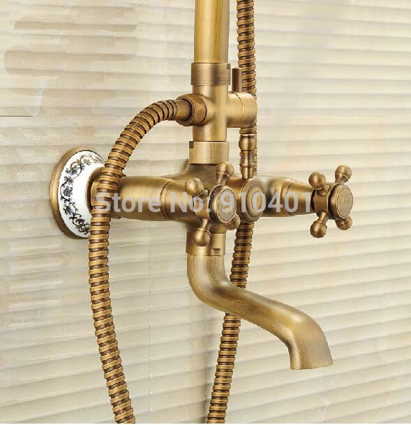 Wholesale And Retail Promotion Wall Mounted Luxury Antique Brass 8" Rain Shower Faucet Tub Mixer Tap 2 Handles