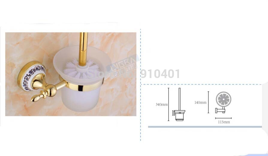Wholesale And Retail Promotion Blue And White Porcelain Golden Bathroom Europe Toilet Brush Holder W/ Glass Cup