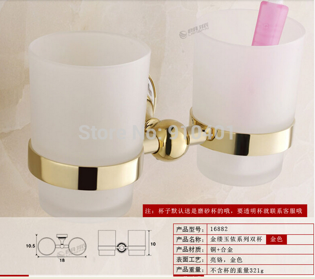 Wholesale And Retail Promotion Blue And White Porcelain Golden Brass Wall Mounted Tooth Brush Holder Dual Cups