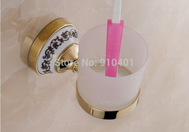Wholesale And Retail Promotion Blue And White Porcelain Golden Brass Wall Mounted Tooth Brush Holder Glass Cup
