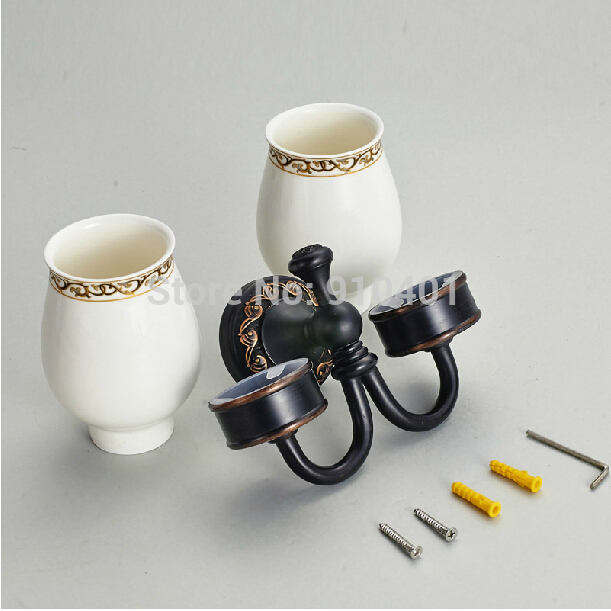 Wholesale And Retail Promotion Luxury Embossed Oil Rubbed Bronze Bathroom Toothbrush Holder Dual Ceramic Cups
