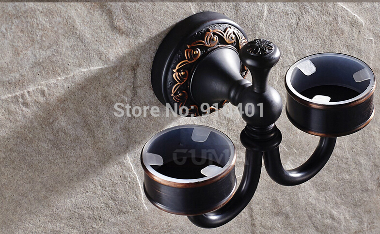 Wholesale And Retail Promotion Luxury Embossed Oil Rubbed Bronze Bathroom Toothbrush Holder Dual Ceramic Cups