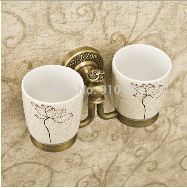 Wholesale And Retail Promotion Modern Antique Brass Bathroom Tooth Brush Holder With Flower Dual Ceramic Cup