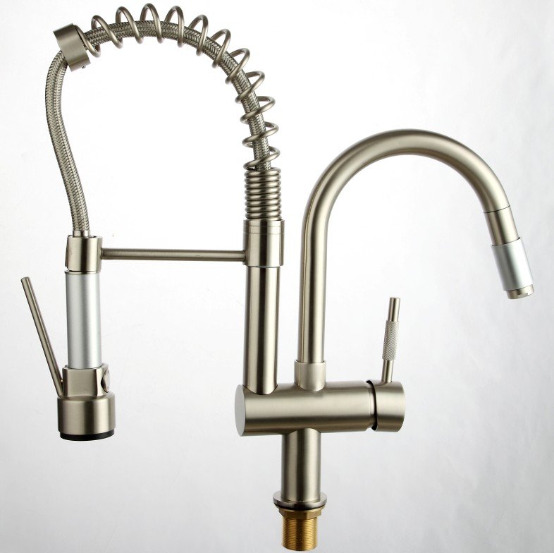 Lowest Price  High Quality Brushed Nicle pull out spray Kitchen Faucet two outlet tap spring Sink mixer ,LX-2257BN