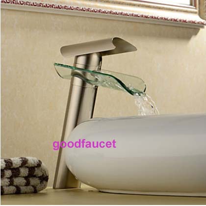 NEW 10"Tall Waterfall Bathroom Basin Mixer Tap Brushed Nickel Glass Sink Faucet Hot and Cold Water Tap