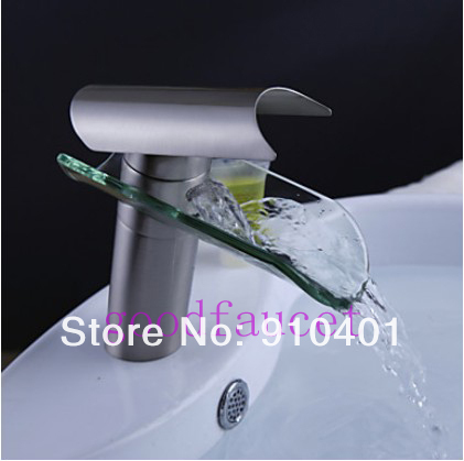 Waterfall Solid Brass  Brushed Nickel Bathroom Faucet  Glass Spout  Basin Faucet Sink Mixer  Tap