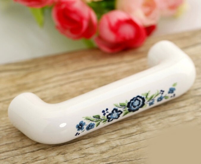 76mm CC Blue Flower Ceramic Cabinet Handles Cabinet Cupboard Closet Dresser Knobs Handles Pulls Knobs Kitchen Bedroom
