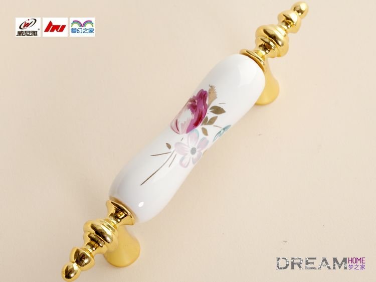 76mm Gold Plated Tulip flower White Ceramic Cabinet Pull, Furniture pull handle/ handle kitchen C:76mm AD09GP