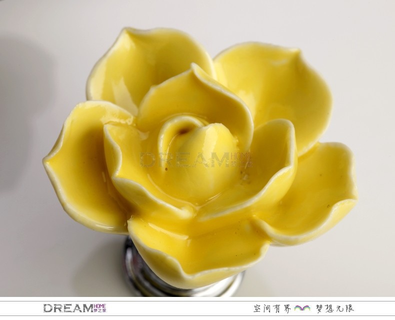 Yellow lotus dresser knob, Flower ceramic knob for cabinet, Kitchen cabinet hardware knob and pull