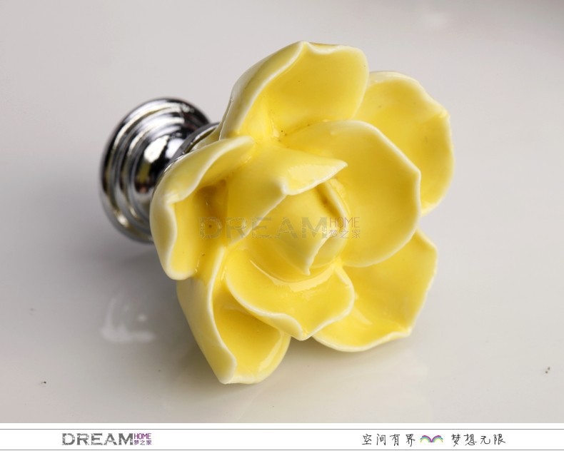 Yellow lotus dresser knob, Flower ceramic knob for cabinet, Kitchen cabinet hardware knob and pull