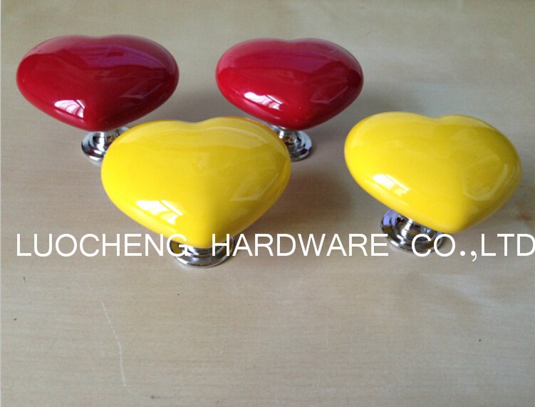 10PCS/LOT 43MM X 50MM Colored Heart Shape Ceramic Rose Knobs for Kids/ Children Cabinets Cupboard Knobs and Pulls