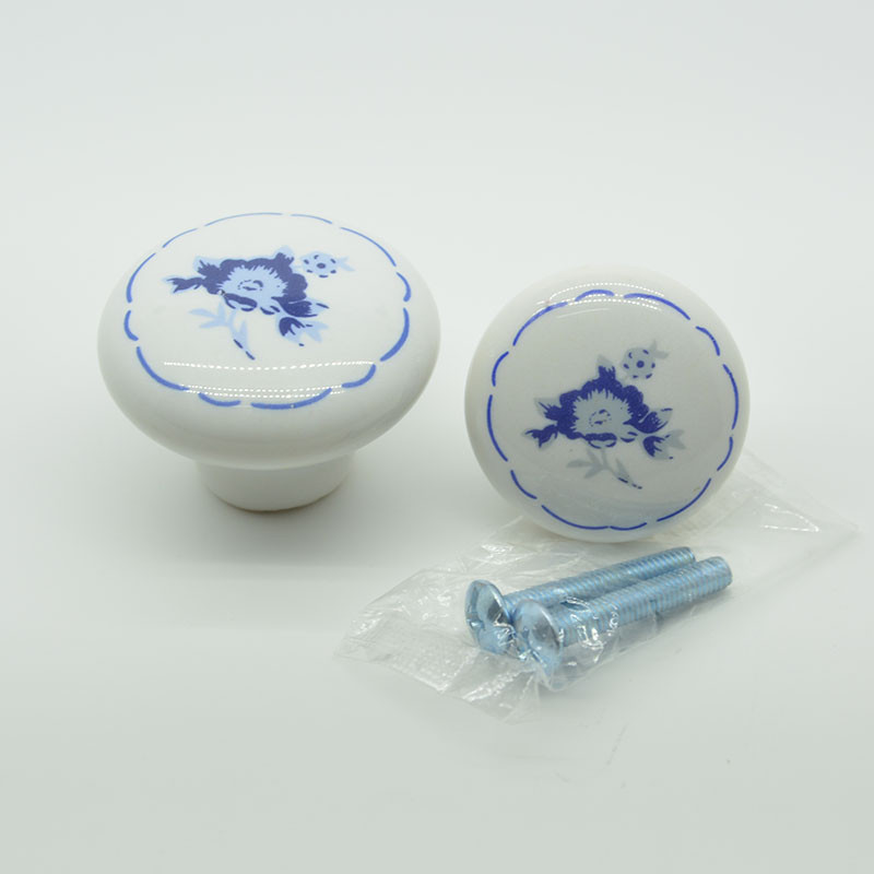 small size 501 blue flower embessed ceramic cupboard knobs 28g white color  used for cabinet drawers