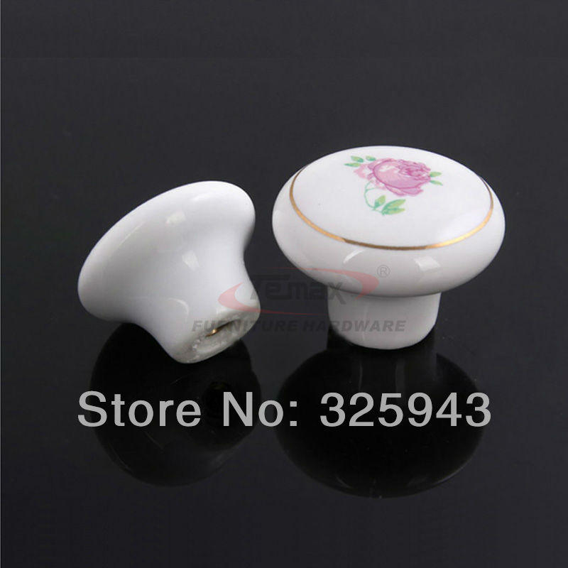 2pcs 38mm Country Style Garden White Flower Red Kitchen Cabinet Knobs Ceramic Drawer Pulls Furniture Handle Porcelain