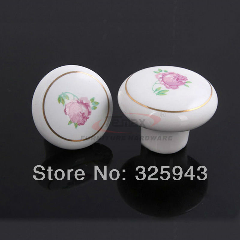 2pcs 38mm Country Style Garden White Flower Red Kitchen Cabinet Knobs Ceramic Drawer Pulls Furniture Handle Porcelain